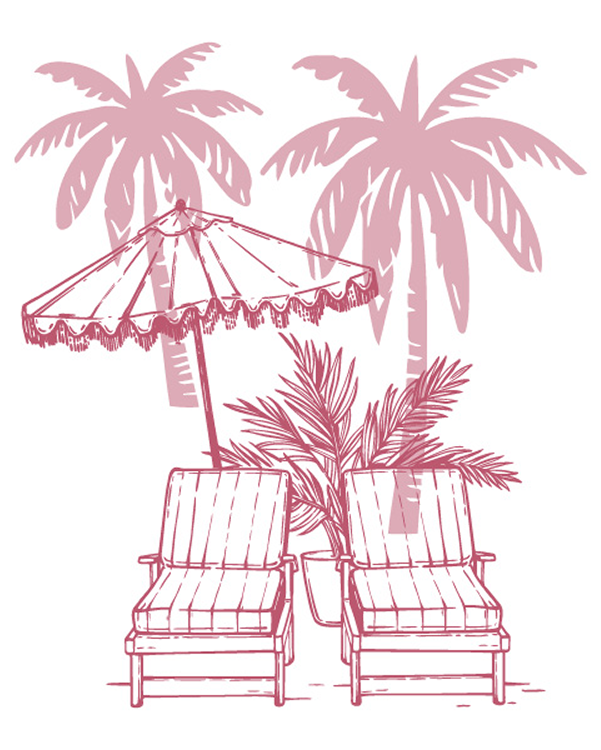 Icon of lounge chairs and an umbrella under palm trees representing a relaxing spa credit experience.